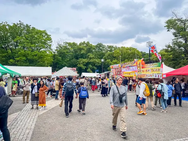 Tokyo, Japonya - 24 Mayıs 2025: Laos Festivali katılımcıları, bulutlu gökyüzünün altında yiyecek ve içecek sunan satıcılarla bir parkta bir araya gelerek, açık hava etkinliğinin canlı atmosferinin keyfini çıkardılar.