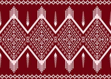 Elmas geometrik motifleri ve simetrik kabile elementleriyle kırmızı ve pembe tekstil deseni. Geleneksel kumaş tasarımı ve kültürel dekoratif kullanım için mükemmel.