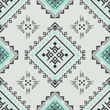 Nane yeşili, siyah ve beyaz elmas motifli kusursuz kabile geometrik deseni, tekstil, duvar kâğıtları ve etnik esinlenilmiş dekoratif tasarımlar için mükemmel..