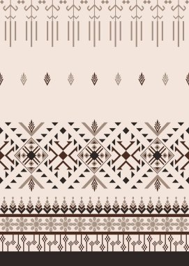 Kabile elmas motifleri ve çiçek aksanıyla bej ve kahverengi etnik geometrik sınır deseni, tekstil, duvar kağıtları ve dekoratif tasarım projeleri için mükemmel..