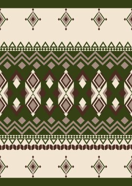 Toprak yeşili, kahverengi ve bej tonlarında, geometrik elmaslar ve zikzak çizimleriyle, tekstil, kumaş ve dekoratif arka plan tasarımları için idealdir..