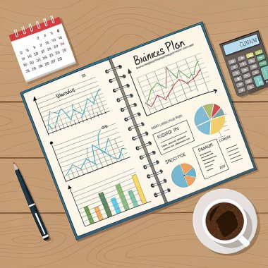 Ahşap arka planda bir kalem ile finansal plan, iş konsepti, düz stil