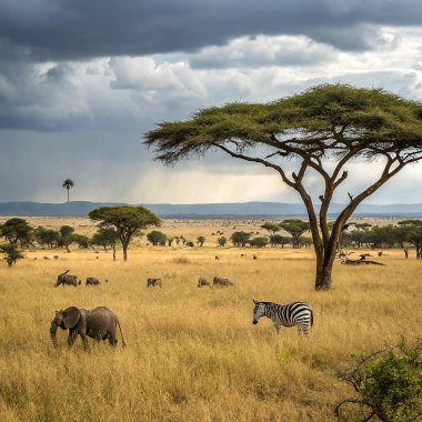Afrika bozkırlarındaki bir grup vahşi zebranın görüntüsü.