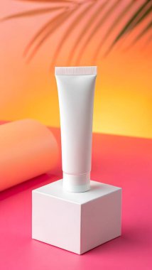 Palmiye ağacının arka planında boş bir kozmetik tüpü. 3 Boyutlu Hazırlama