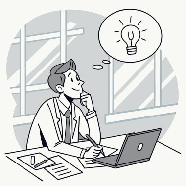 Genç adam iş kavramını düşünüyor. vektör illüstrasyonu.