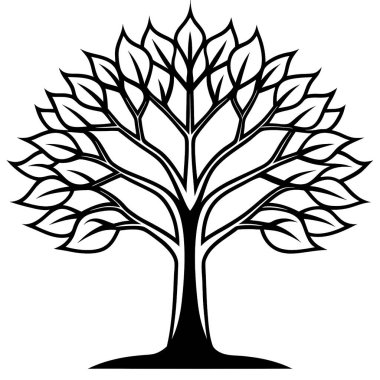 Beyaz arkaplan vektör illüstrasyonunda yaprakları olan siyah siluet ağacı