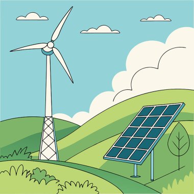 Yeşil alanda rüzgar türbini olan güneş enerjisi paneli