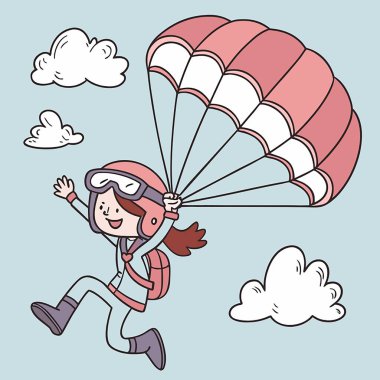 Kadın paraşüt ve bulutlarla uçuyor.