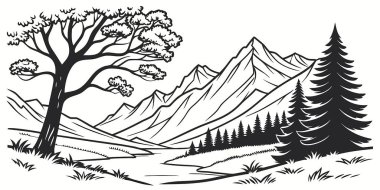 Çam ağaçları, dağlar, çam ormanı ve tepeleri olan vektör dağ manzarası.