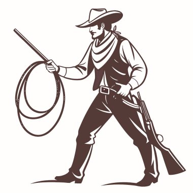 Elinde tüfek olan bir kovboy. Siyah çizim. vektör illüstrasyonu