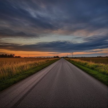 Gün batımında tarlada bir yolun dikey çekimi.