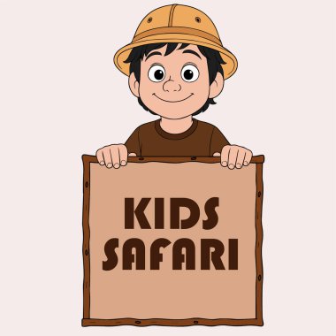 Gülen Çizgi Film Safari Çocuğu Elinde Ahşap İşaret Çocuk Safari Macerası Kavramı Tutuyor