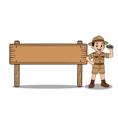 Safari kıyafetli genç bir kâşifin, boş bir tahta tabelanın yanında durduğu renkli bir çizgi film çizimi. Çocuk gülümsüyor ve elinde dürbün tutuyor, maceraya hazır..