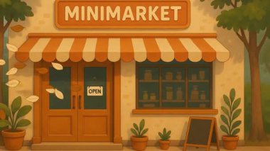 Açık Minimarket 'in Önünde Uçan Yapraklar, Samimi Canlandırılmış Mağaza Penceresi