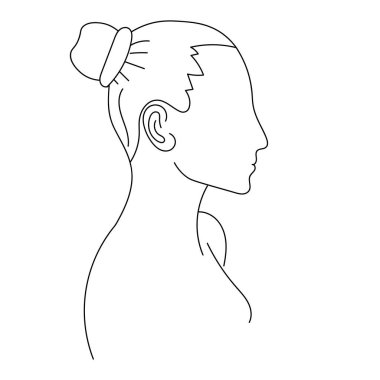 Bir kadının profilinin minimalist bir çizimi, zarafet ve basitlik sergiliyor. Temiz çizgiler ve zarif form sonsuz bir güzellik yaratıyor, grafik tasarım projeleri, güzellik blogları ya da kişisel bakım ve güçlendirme kavramları için ideal.