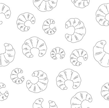 Beyaz arka planda elle çizilmiş kruvasanların kusursuz deseni. Duvar kağıdı, tekstil ya da fırınla ilgili tasarımlar için mükemmel. Günlük kahvaltı kavramını temsil eder..