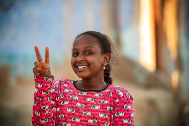Aswan, Mısır. 10 Aralık 2022. Yukarı Mısır, Afrika 'daki Aswan yakınlarındaki Nil kıyısındaki Nubian köyünde gülümseyen mutlu bir genç kız.. 