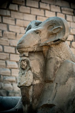 Karnak Tapınağı 'nın girişinde Sfenks Bulvarı, Koç başlı heykeller ve Aslan gövdesi, 30. Hanedan' dan kalma antik Mısır simgeleri ve sembolleri var. Eski Mısır arkeolojisi Luxor, Mısır. 