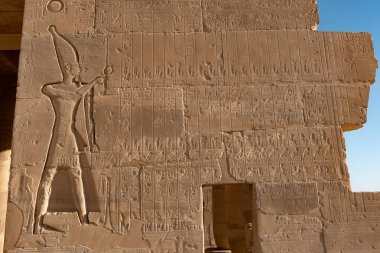 Ramesseum 'dan hiyeroglif yardım detayları, Mısır Firavunu 2. Ramses' in anıt tapınağı, Nil 'in Batı Şeria' sı, Luxor, Yukarı Mısır 'daki Theban Necropolis' in bir parçası.. 