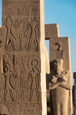 Ramesseum 'dan hiyeroglif yardım detayları, Mısır Firavunu 2. Ramses' in anıt tapınağı, Nil 'in Batı Şeria' sı, Luxor, Yukarı Mısır 'daki Theban Necropolis' in bir parçası.. 