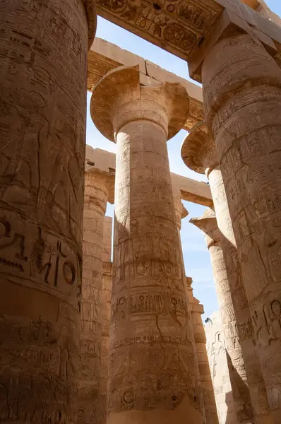 Eski Mısır Firavunu hiyeroglif yardım detayları Mısır 'daki Karnak Tapınağı' nın Büyük Hypostyle Salonu sütunlarında. Tarihi şehir Thebes 'in güzel arkeolojisi