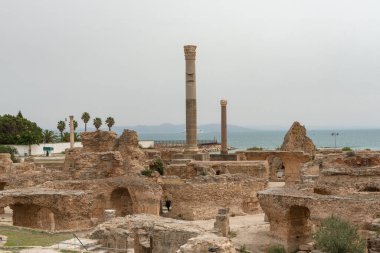 Thermes d 'Antonin' in arkeolojik kalıntıları, Antoninus 'un termal hamamı, Afrika' da inşa edilen en büyük Roma Spa kompleksi, yıkılmış Fenike şehri Kartaca, Tunus, Tunus 'un bir parçası.. 