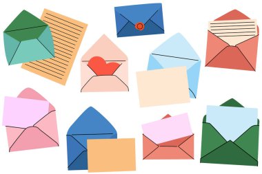 Açık ve kapalı renkli zarflar seti. Yazışmalar, iletişim, posta, bülten, dağıtım kavramı