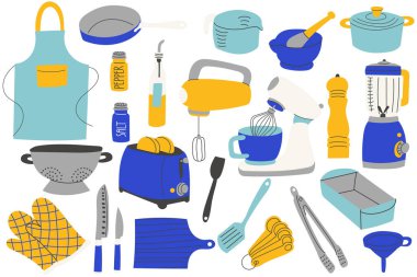 Mutfak aletleri. Mutfak gereçleri koleksiyonu. Bıçak, kaşık, tost makinesi, blender, rende, merdane, kesme tahtası, çatal bıçak takımı. Yemek aletleri ve aksesuar koleksiyonu.