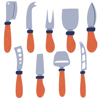 Çeşitli bıçak şekilli peynir bıçakları, dilimlemek ve peynir servis etmek için mükemmel. hisel. Çatal. Yayıcı. Parmesan bıçağı. Peynir uçağı.