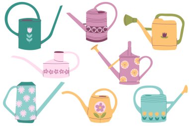 Çiçek süsüyle bahçe sulama kutusu seti. Bahçeyle ya da bahçeyle ilgilenmek ve bahçeyle ilgilenmek için bahçe malzemeleri, çiçek ve bitki ilaçlama.