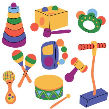 Renkli bebek oyuncağı koleksiyonu. Çıngırak, davul, stackers ve öğrenme araçları da dahil olmak üzere bebek ve bebek oyuncakları.