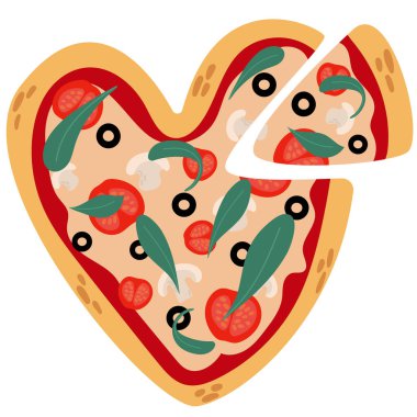 El çizimi kalp şeklinde pizza. Sevgililer Günü konsepti.