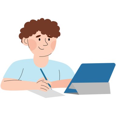 Okul çocuğu ya da öğrenci karakter dizüstü bilgisayarla yazı yazıp ödev yapıyor. Vektör çizimi. Eğitim kavramı.