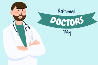 Ulusal Doktorlar Günü 'nün taşıyıcı bayrağı. Steteskoplu gülümseyen genç doktor, tıp uzmanı. Tıp konsepti..