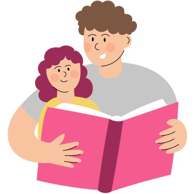 Baba ve kızı birlikte kitap okuyor. Baba ve kızı birlikte büyük pembe bir kitap okurken keyifli bir anı paylaşıyorlar..