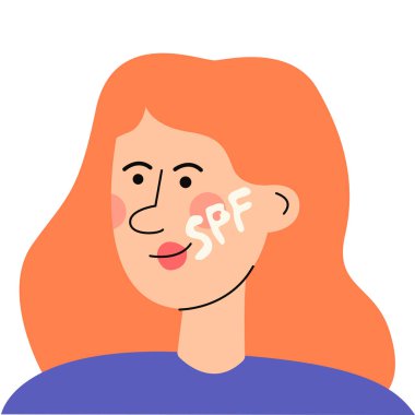 Bir kadın güneş kremi sürüyor. SPF. Güneş koruma konsepti vektör çizimi. Cilt rutini.