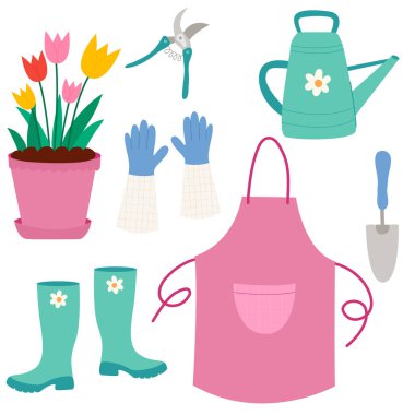 Bahçe malzemeleri seti. Bahçe önlüğü, bir tencere lale, lastik bot, su kovası, bahçe eldivenleri, mezhepçiler.