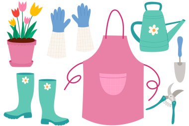 Bahçe malzemeleri seti. Bahçe önlüğü, bir tencere lale, lastik bot, su kovası, bahçe eldivenleri, mezhepçiler.