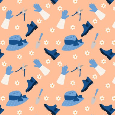 Lastik çizmeleri, şapkası, çiçekleri, bahçe eldivenleri, mezhepleri olan kusursuz bahçe aletleri. El çizimi vektör düz desen.