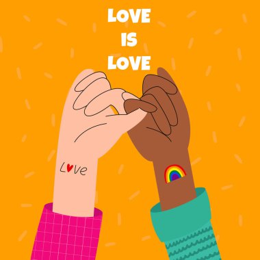 İki kadın el ele tutuşuyor. Aşk aşktır. Gurur ayı afişi. LGBT topluluğu.
