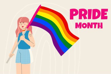 Elinde gökkuşağı bayrağı olan bir kadın. Gurur dolu bir ay pankartı. LGBT topluluğu.