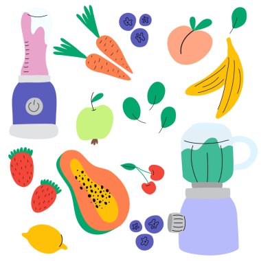 Karıştırıcıda, karıştırıcıda ve sindirim sisteminde smoothie var. Blender, papaya, avokado, süt, ananas, nane, muz, çilek, yulaf, mango, kiraz, yabanmersini, havuç, karpuz.