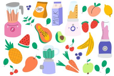 Karıştırıcıda, karıştırıcıda ve sindirim sisteminde smoothie var. Blender, papaya, avokado, süt, ananas, nane, muz, çilek, yulaf, mango, kiraz, yabanmersini, havuç, karpuz.