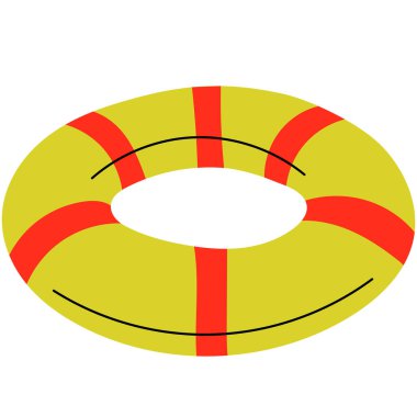 Sarı ve Kırmızı Lifebuoy Ring Illustration. Kırmızı çizgili sarı can simidi, güvenliği, kurtarma ekipmanlarını ve suyla ilgili acil durum hazırlığını temsil ediyor..