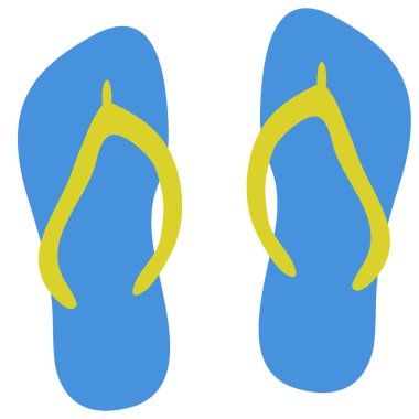 Mavi ve Sarı Parmak Terlikleri Yaz Simgesi. Sarı kayışlı mavi terlikler, yazı sembolize ediyor, plaj tatilleri, ve günlük ayakkabılar..