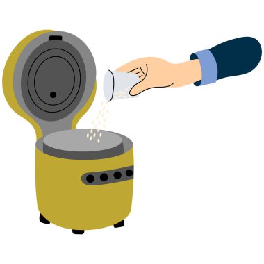 Elektrikli pirinç fırınına pirinç döküyorum. Pişmemiş pirinci bir bardaktan açık elektrikli pilav fırınına dökmek, yemek hazırlığını ve yemek pişirmeyi temsil eder..  