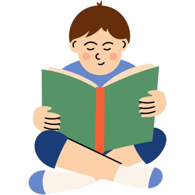 Bacak bacak üstüne atarak kitap okuyan bir çocuk. Genç çocuk bağdaş kurup büyük bir kitap okuyor. Eğitimi, eğitimi ve konsantrasyonu simgeliyor..