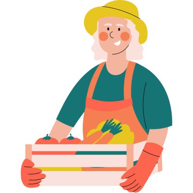 Elinde taze sebzelerle dolu tahta bir sandık tutan dişi çiftçi. Hasat mevsimi, organik tarım ve kırsal yaşam tarzı konsepti. 