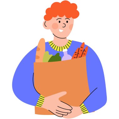 Yiyecek dolu bir poşet tutan adam. Sebze, ekmek ve içecekle dolu bir poşet taşıyan adam alışverişi ya da sağlıklı beslenmeyi simgeliyor.. 