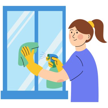 Pencereyi sprey ve bezle temizleyen kadın. Cam temizlerken lastik eldiven takan gülümseyen kadın sprey ve yeşil bez kullanarak ev işlerini temsil ediyor..  